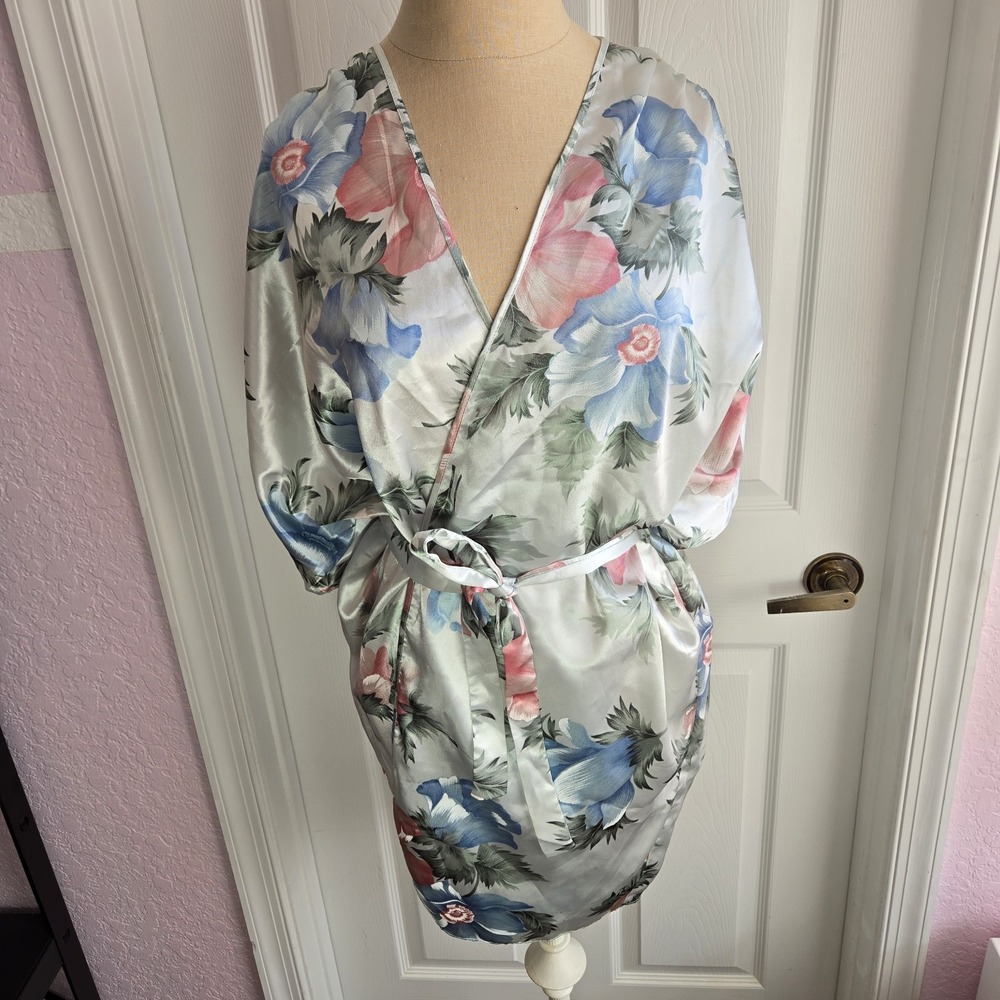 Val Mode Vintage Floral Satin Kimono Robe Size L Lingerie Made‎ In USA
